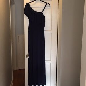 One shoulder navy blue maxi dress